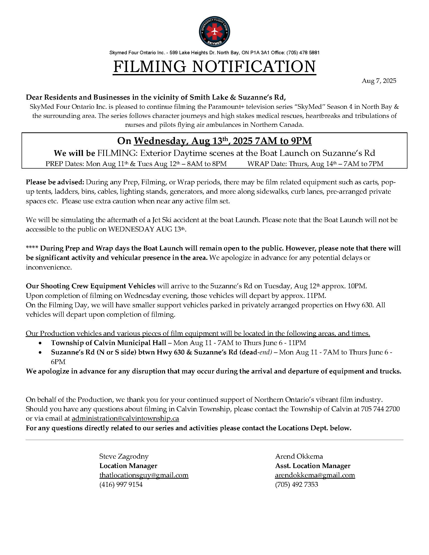 Notification of filming on August 13th